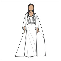 Women model with kaftan blouse top design flat sketch fashion illustration with front and back view, Short kaftan top technical drawing vector template