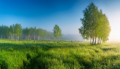 Obraz premium birch trees on the green grass foggy sunny morning near novosibirsk