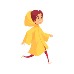 Vector Girl Joyfully Running in a Yellow Raincoat