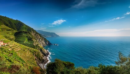 Fototapeta premium the coast green terraces on the slopes at the rocky shore of cinque terre