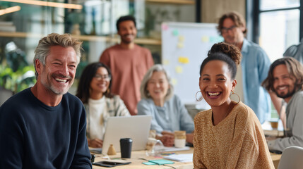 Fototapeta premium Happy diverse business team smiling in a modern coworking space