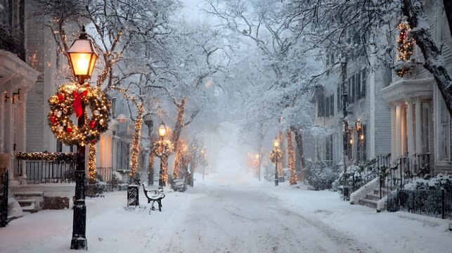 A snowy street lined with houses and decorated lampposts creating a winter wonderland atmosphere view