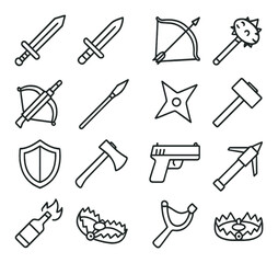 Game weapon icons collection, simple combat tools. armory and battle symbol set