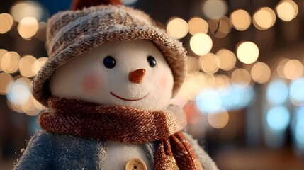 Close up of a snowman wearing a hat and scarf with blurred lights in the background creating a festive mood