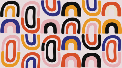 Colorful abstract pattern with repeating rainbow shapes and oval elements on a light background