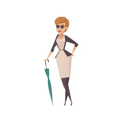 Stylish Vector Woman in Dress with Umbrella Character