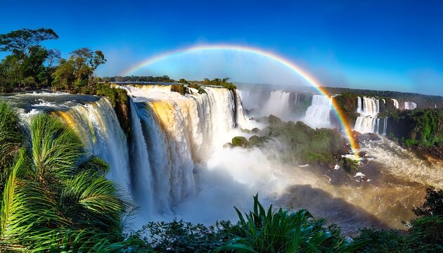 water cascading over the iguacu falls with rainbow in foreground in brazil - Powered by Adobe