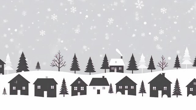 Winter Village Scene with Falling Snow and Stylized Houses and Trees Animation