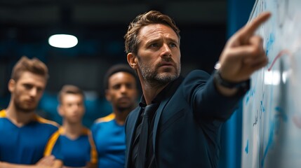 Coach explaining strategy on whiteboard to team members in locker room before the big game today