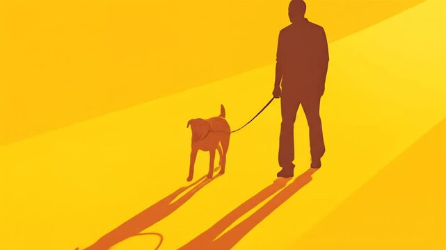 Silhouette of a Man Walking a Dog on a Sunny Yellow Path, Casting Long Shadows