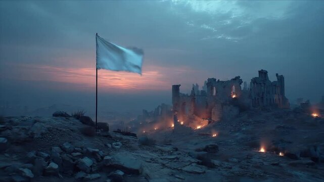 White Flag with Ruins, Sunset, and War.