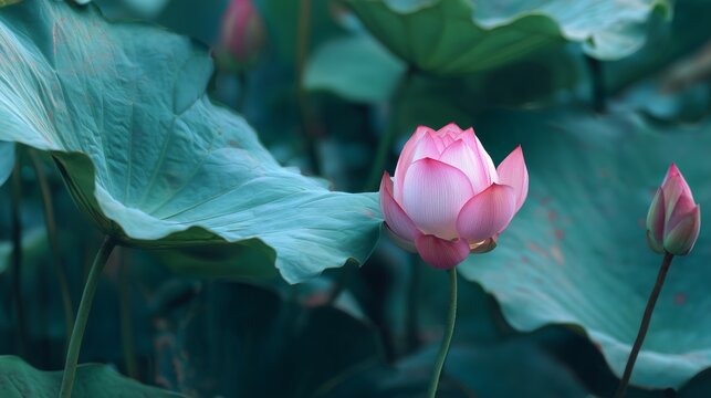 close-up pink lotus bud with large green leaf in realistic natural light