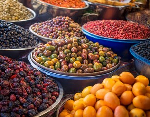 colourful olives and fruit for sale in the souk bazaar in meknes morocco photographed in the kissaria covered market