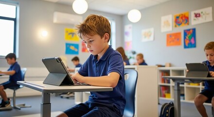 Child with tablet in modern classroom.