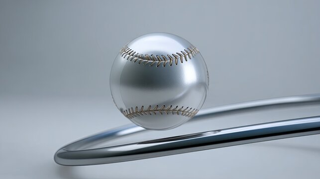 A baseball with a chrome finish balancing on a curved graphite rail hyper-reflective environment and side lighting accentuating curves