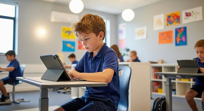 Child with tablet in modern classroom. - Powered by Adobe