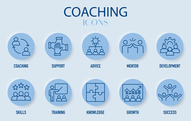 Set of modern blue round coaching icons with shadow. Includes coaching, support, advice, mentor, development, skills, training, knowledge, growth and success. Ideal for business and education. Vector.