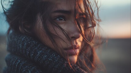 A woman with windblown hair looking off into the distance wearing a dark colored knitted scarf outdoors