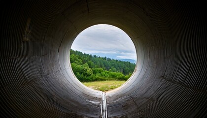 exit from the concrete drainage tunnel pipe with a view to the forest