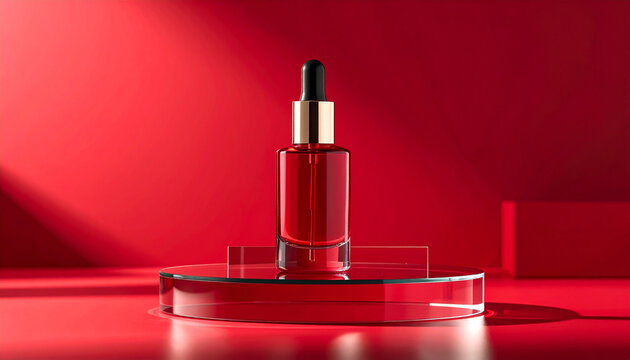 Elegant cosmetic product on clear glass stage with soft red background
