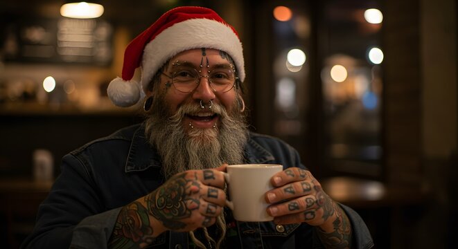 Man with Festive Beard and Tattoos Enjoys Warm Beverage During Holiday Season