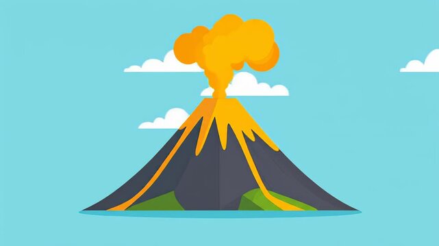 Animated Volcano Eruption with Flowing Lava and Cartoon Clouds on Blue Background
