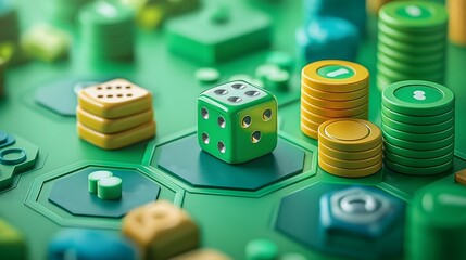 Board game setup with green dice, stacked tokens, and hexagonal tiles on a green background, arranged for tabletop play.