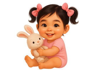 Happy baby girl holding a plush rabbit toy on a transparent background. children’s products, parenting, and family themesю Joyful image evokes warmth and innocence.