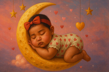 Adorable baby girl sleeping peacefully on a crescent moon prop with heart decorations. Warm, soft lighting creates a dreamy, cozy atmosphere. Family, bedtime, and childhood concept.