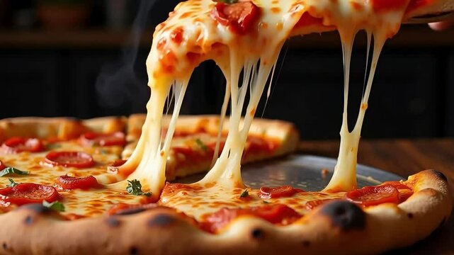 Delicious hot pizza slice pulled with dripping cheese, perfect for restaurant menus or food blog content.