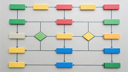 A colorful flowchart with various shapes connected by arrows, illustrating a process or workflow.