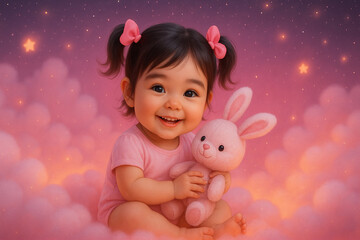 Adorable baby girl smiling and holding a plush pink rabbit toy. Warm, soft lighting creates a joyful and tender atmosphere. Family, childhood. Parenting concept.