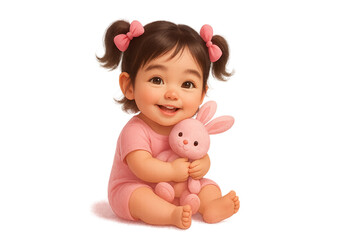 Happy baby girl holding a plush rabbit toy on a transparent background. children’s products, parenting, and family themesю Joyful image evokes warmth and innocence.
