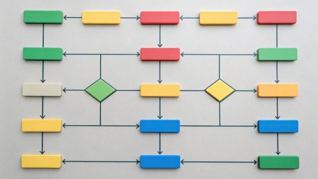 A colorful flowchart with various shapes connected by arrows, illustrating a process or workflow.