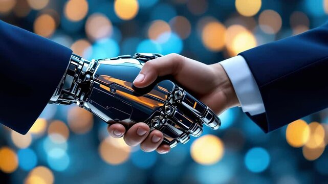 Futuristic human-robot handshake highlighting technological trust and mutual cooperation