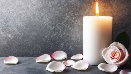 white candle with a rose and flower petals on grey stone panoramic background with copy space funeral services web banner