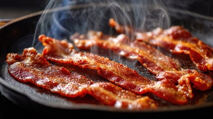 Crispy bacon strips sizzling in a hot pan