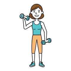 A slim woman in activewear lifts dumbbells with focus and strength, showcasing a healthy lifestyle, toned muscles, and dedication to her fitness routine.
