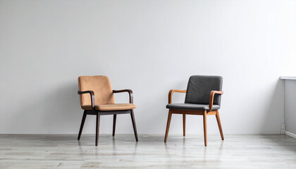 Two modern chairs in minimalist space with neutral wall, creating calm atmosphere