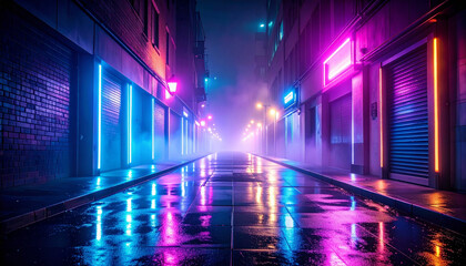 Urban night alley with neon signs, glowing mist, and reflections on wet pavement