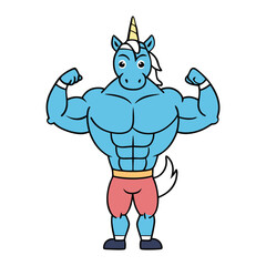 A fierce unicorn with a chiseled, muscular body flexes confidently, blending magical charm with raw strength—rainbow mane flowing over bulging biceps and abs of steel.
