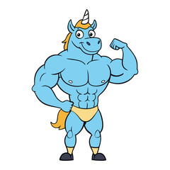 A fierce unicorn with a chiseled, muscular body flexes confidently, blending magical charm with raw strength—rainbow mane flowing over bulging biceps and abs of steel.
