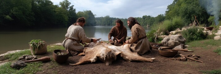 Three caucasian adults engaged in ancient leather crafting by a river