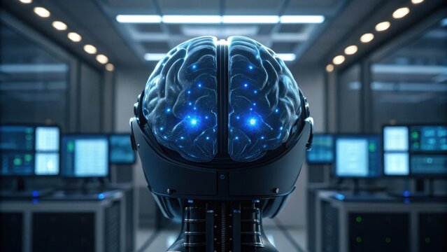 A futuristic robot with a glowing brain inside a high-tech control room, symbolizing artificial intelligence and advanced technology.