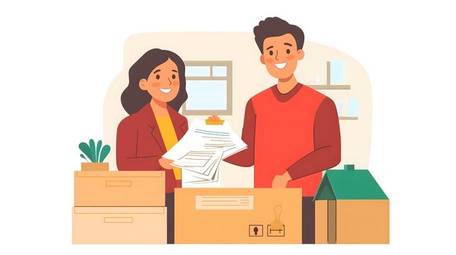 Couple organizing documents during move to new house