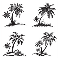 Fototapeta premium Tropical Palm Tree Silhouette Collection Exotic Island Getaway Vector Art Black and White Paradise Illustration Tropical Design Elements