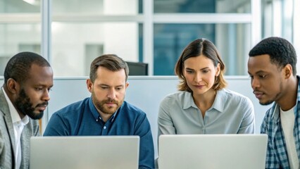 Four diverse professionals collaborating closely while working on laptops in a modern office setting.