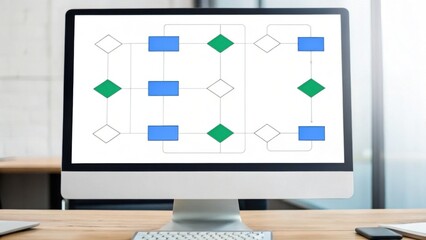 A computer monitor displays a flowchart diagram with blue rectangles, green diamonds, and white diamonds connected by lines, sitting on a wooden desk with a keyboard and phone.