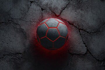 Football lodged into a cracked concrete wall with glowing red interior high-contrast rim light and gritty shadow texture stylized