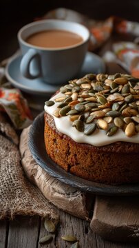 Pumpkin spice cake with roasted seeds next to cup of chai tea &ndash; 9:16 vertical